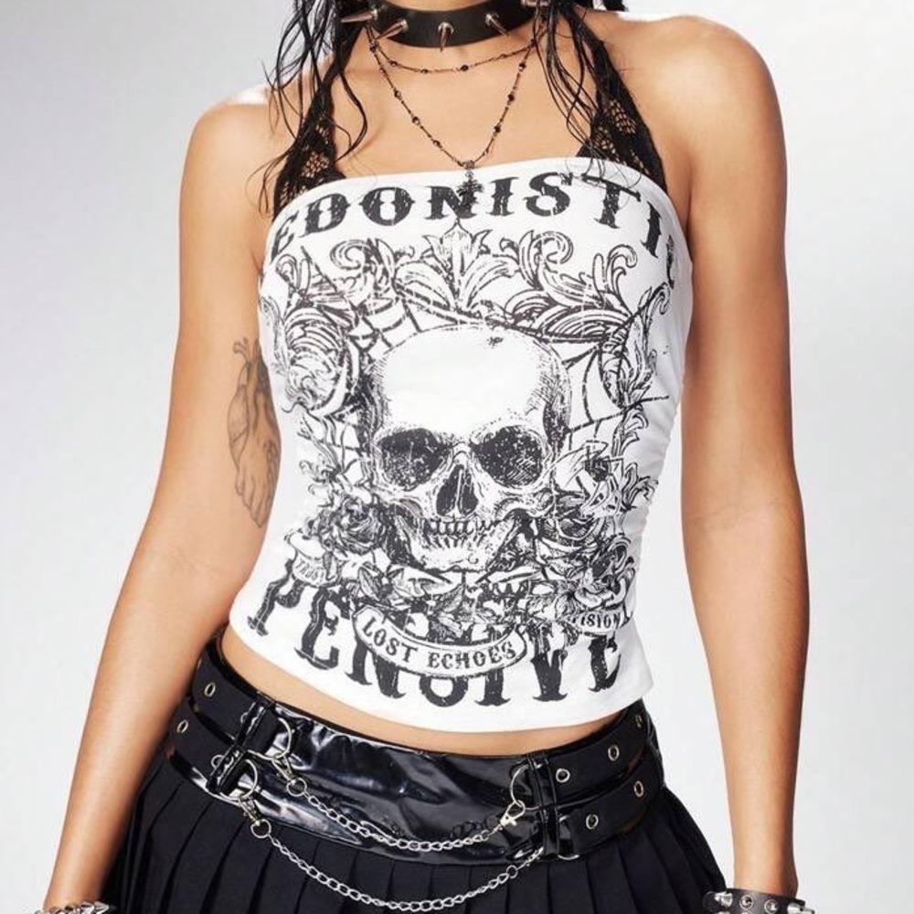 NWT Romwe Womens Skull Graphic Lace Trim Grunge‎ Goth Halter Top White Size S